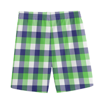 White Green And Blue Buffalo Plaid Print Men's Sports Shorts