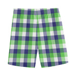 White Green And Blue Buffalo Plaid Print Men's Sports Shorts