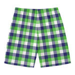 White Green And Blue Buffalo Plaid Print Men's Swim Trunks