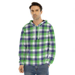 White Green And Blue Buffalo Plaid Print Men's Velvet Pullover Hoodie