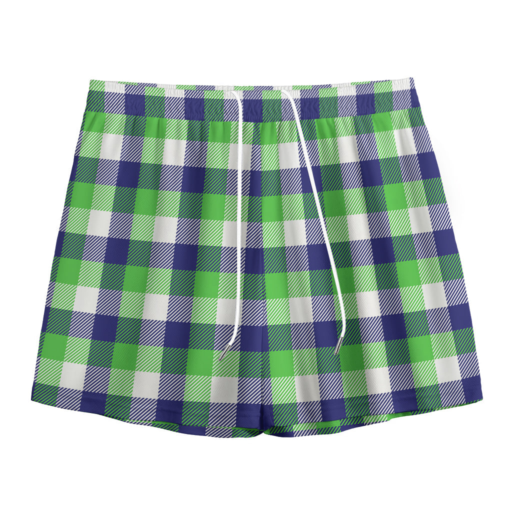 White Green And Blue Buffalo Plaid Print Mesh Shorts