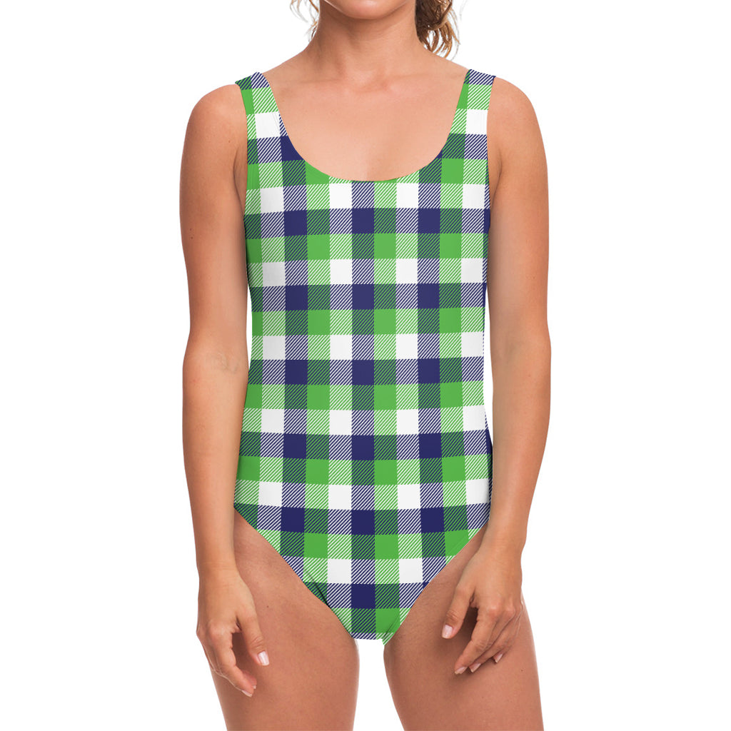 White Green And Blue Buffalo Plaid Print One Piece Swimsuit