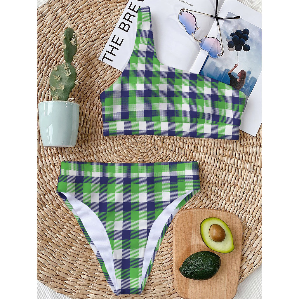 White Green And Blue Buffalo Plaid Print One Shoulder Bikini Top