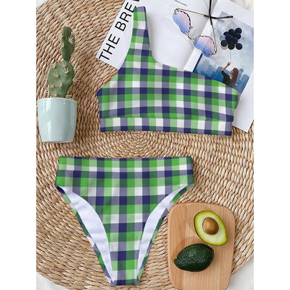 White Green And Blue Buffalo Plaid Print One Shoulder Bikini Top