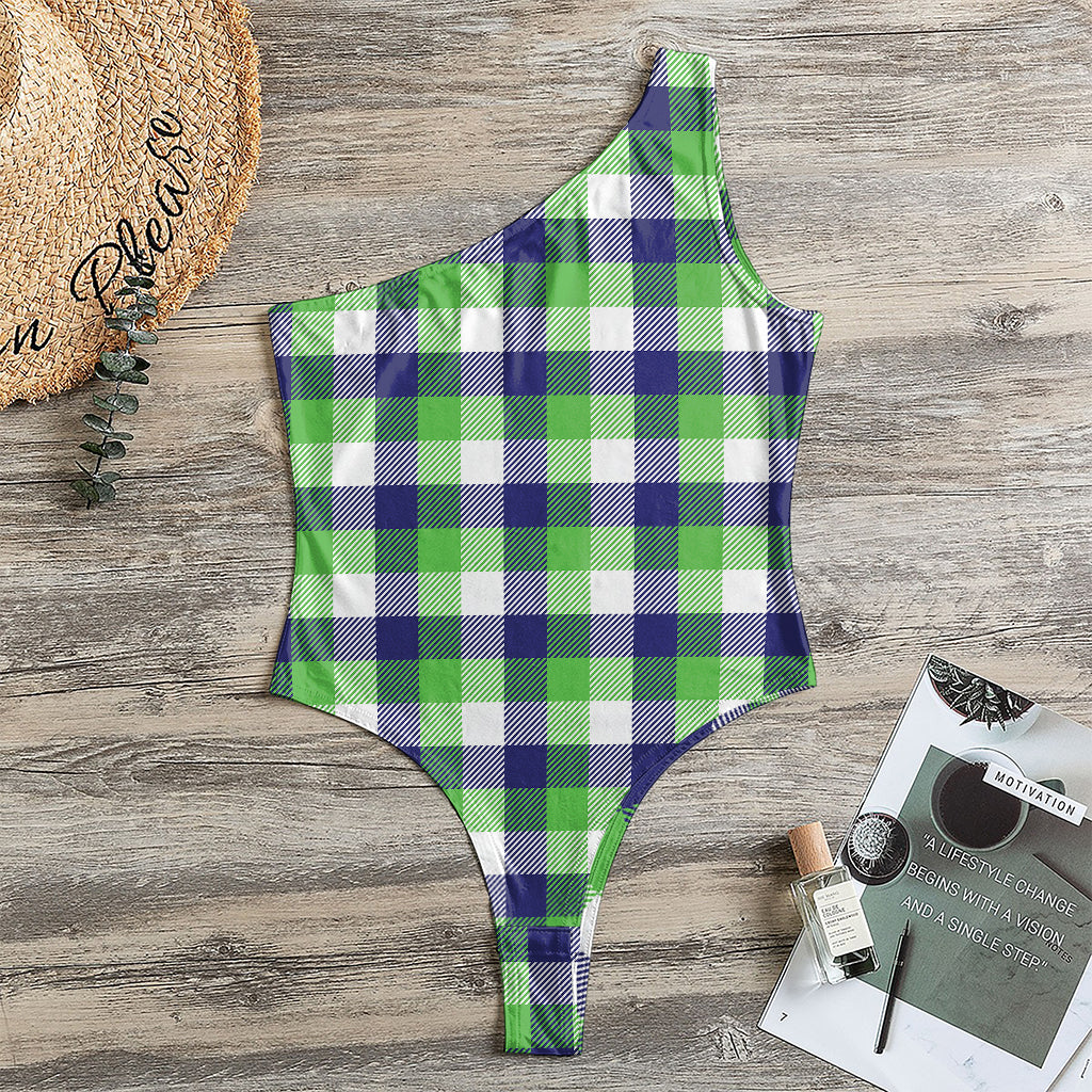 White Green And Blue Buffalo Plaid Print One Shoulder Bodysuit