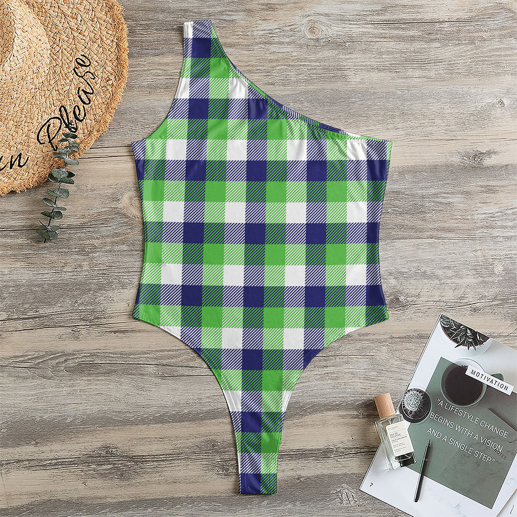 White Green And Blue Buffalo Plaid Print One Shoulder Bodysuit