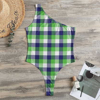 White Green And Blue Buffalo Plaid Print One Shoulder Bodysuit