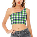 White Green And Blue Buffalo Plaid Print One Shoulder Crop Top