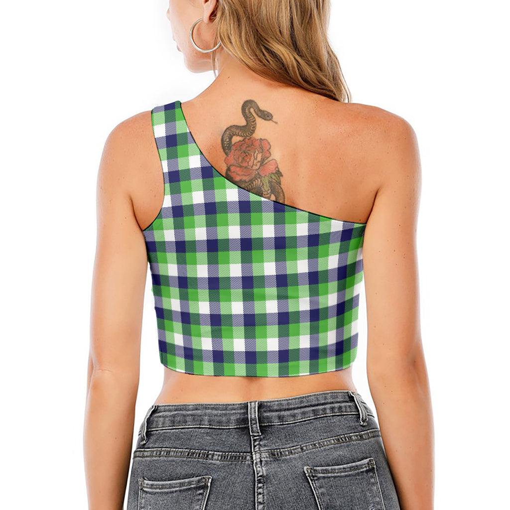 White Green And Blue Buffalo Plaid Print One Shoulder Crop Top