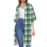 White Green And Blue Buffalo Plaid Print Open Front Beach Cover Up