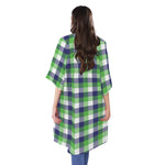 White Green And Blue Buffalo Plaid Print Open Front Beach Cover Up