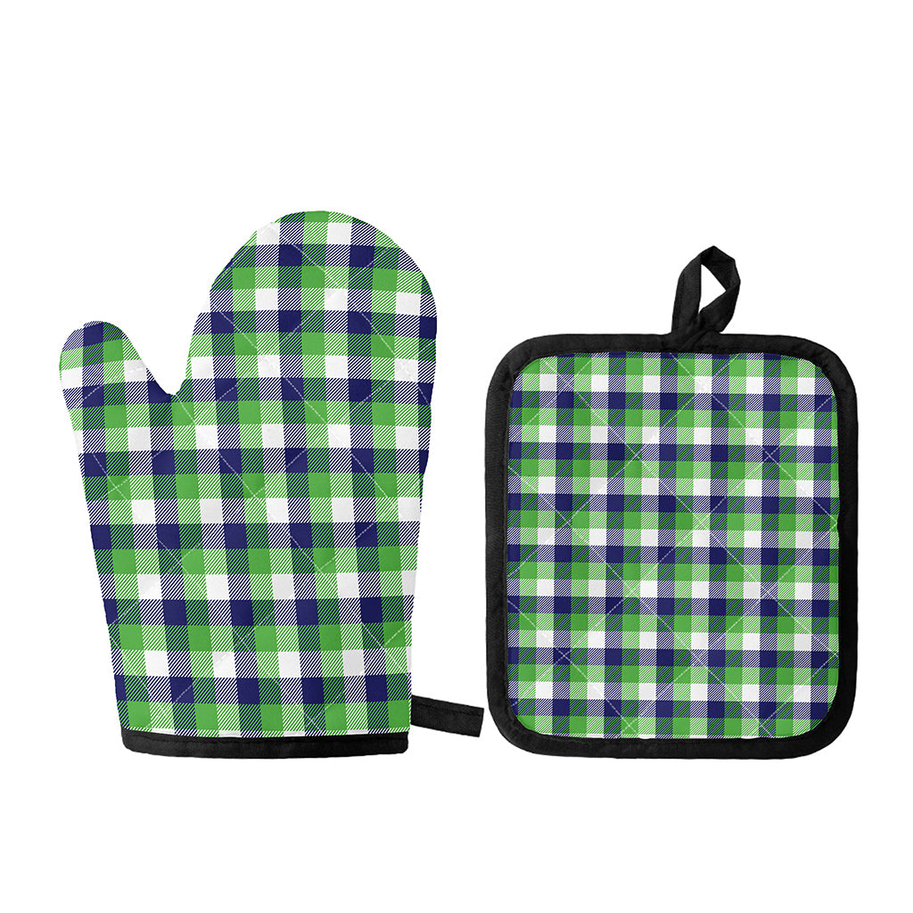 White Green And Blue Buffalo Plaid Print Oven Mitt And Pot Holder Set