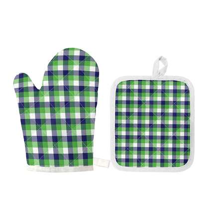 White Green And Blue Buffalo Plaid Print Oven Mitt And Pot Holder Set