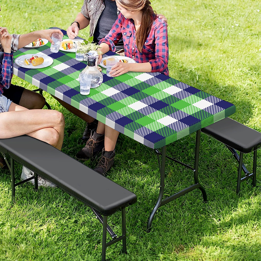 White Green And Blue Buffalo Plaid Print Picnic Table Cover