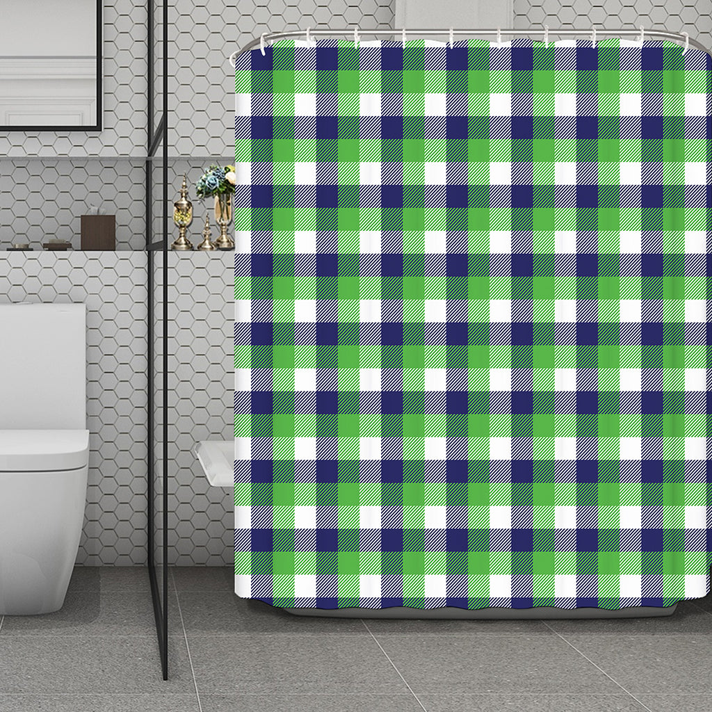 White Green And Blue Buffalo Plaid Print Polyester Shower Curtain