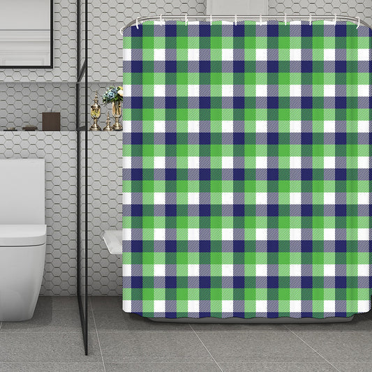 White Green And Blue Buffalo Plaid Print Polyester Shower Curtain