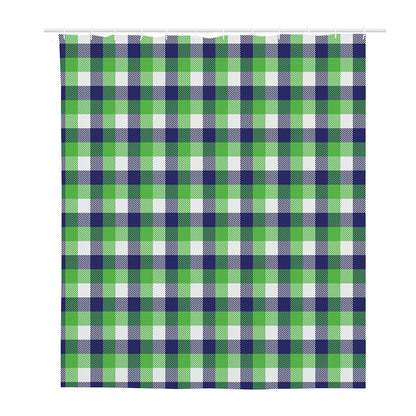 White Green And Blue Buffalo Plaid Print Polyester Shower Curtain