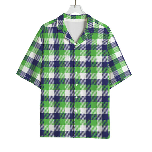 White Green And Blue Buffalo Plaid Print Rayon Hawaiian Shirt