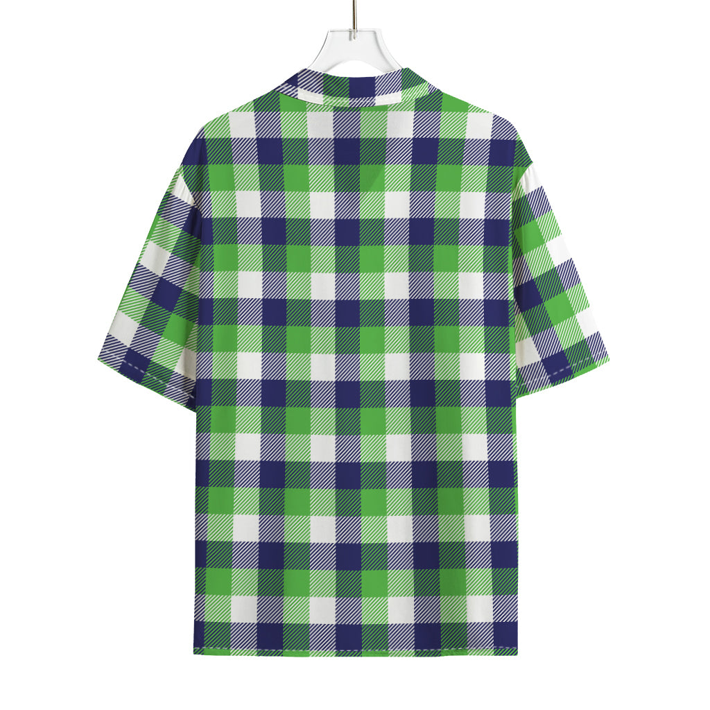 White Green And Blue Buffalo Plaid Print Rayon Hawaiian Shirt