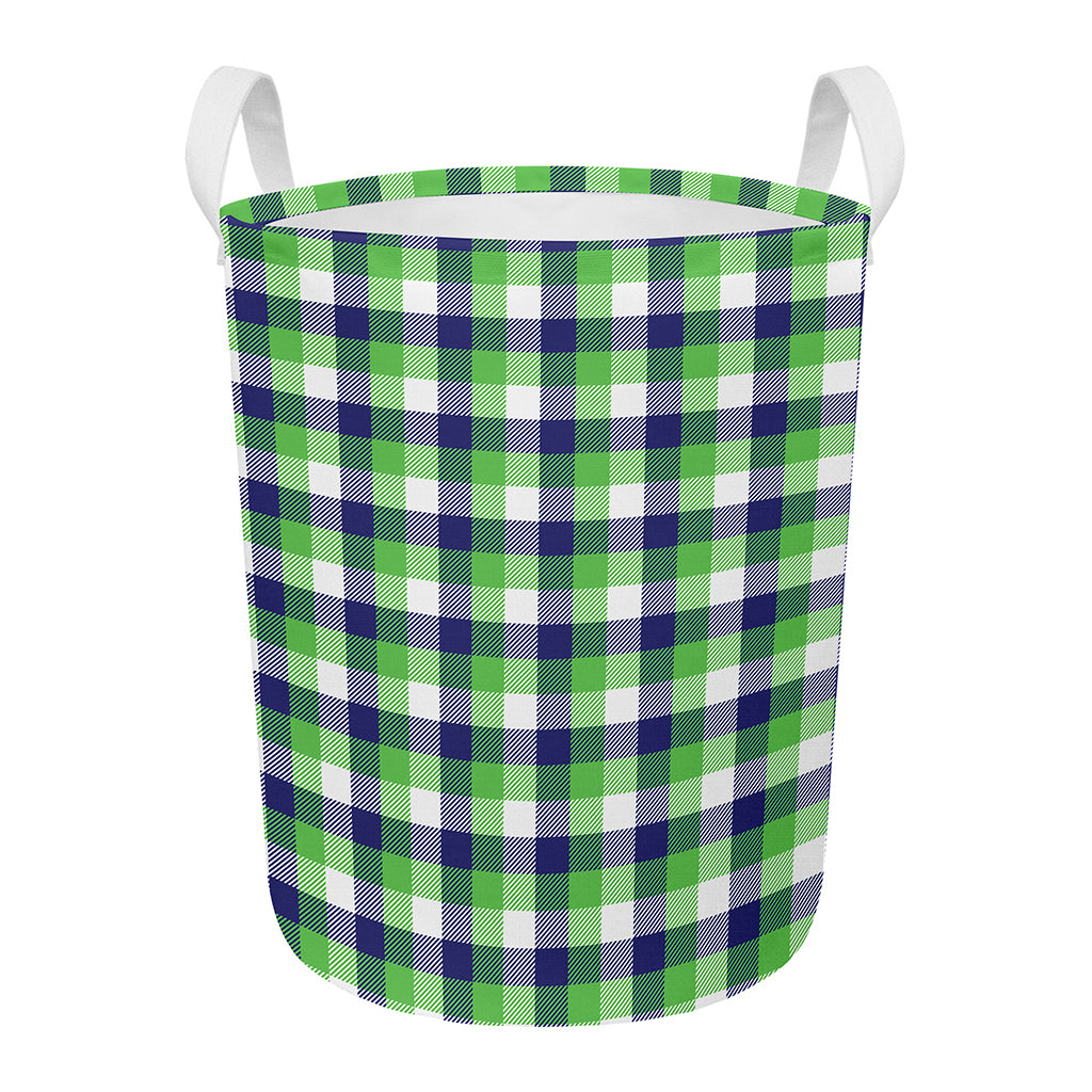 White Green And Blue Buffalo Plaid Print Round Laundry Basket