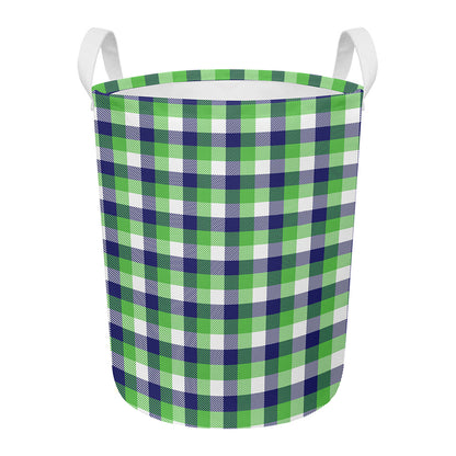 White Green And Blue Buffalo Plaid Print Round Laundry Basket