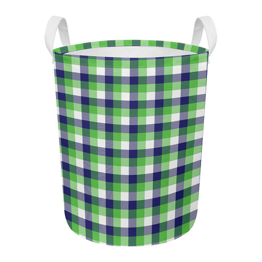 White Green And Blue Buffalo Plaid Print Round Laundry Basket