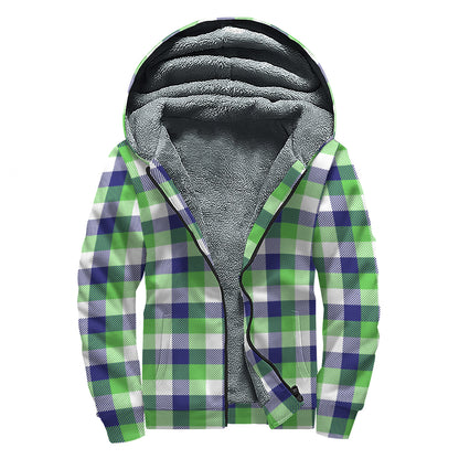White Green And Blue Buffalo Plaid Print Sherpa Lined Zip Up Hoodie