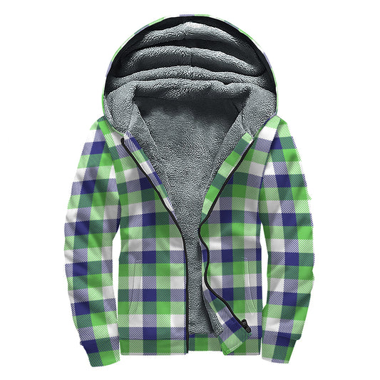 White Green And Blue Buffalo Plaid Print Sherpa Lined Zip Up Hoodie