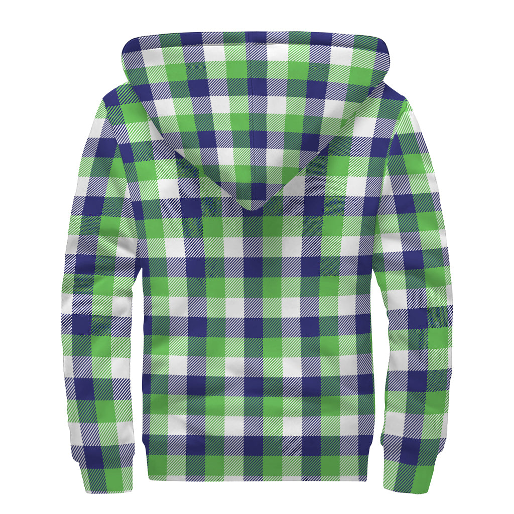 White Green And Blue Buffalo Plaid Print Sherpa Lined Zip Up Hoodie