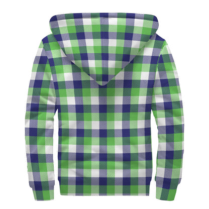 White Green And Blue Buffalo Plaid Print Sherpa Lined Zip Up Hoodie