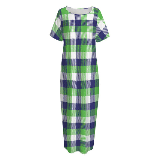 White Green And Blue Buffalo Plaid Print Short Sleeve Long Nightdress