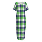 White Green And Blue Buffalo Plaid Print Short Sleeve Long Nightdress