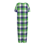 White Green And Blue Buffalo Plaid Print Short Sleeve Long Nightdress