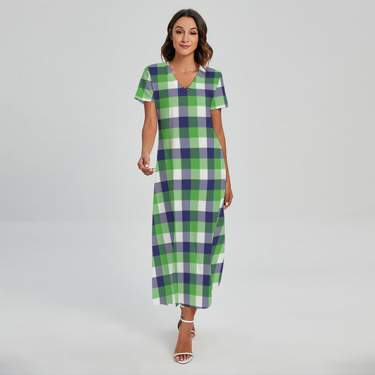 White Green And Blue Buffalo Plaid Print Short Sleeve Maxi Dress