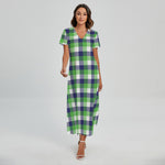 White Green And Blue Buffalo Plaid Print Short Sleeve Maxi Dress