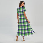 White Green And Blue Buffalo Plaid Print Short Sleeve Maxi Dress