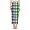 White Green And Blue Buffalo Plaid Print Side Slit Maxi Skirt