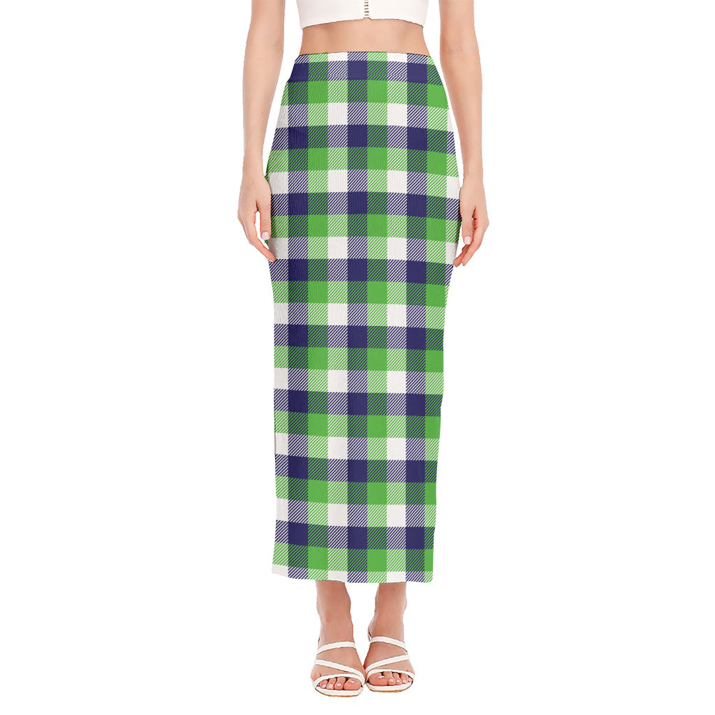 White Green And Blue Buffalo Plaid Print Side Slit Maxi Skirt