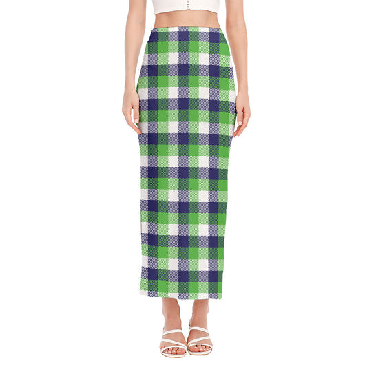 White Green And Blue Buffalo Plaid Print Side Slit Maxi Skirt