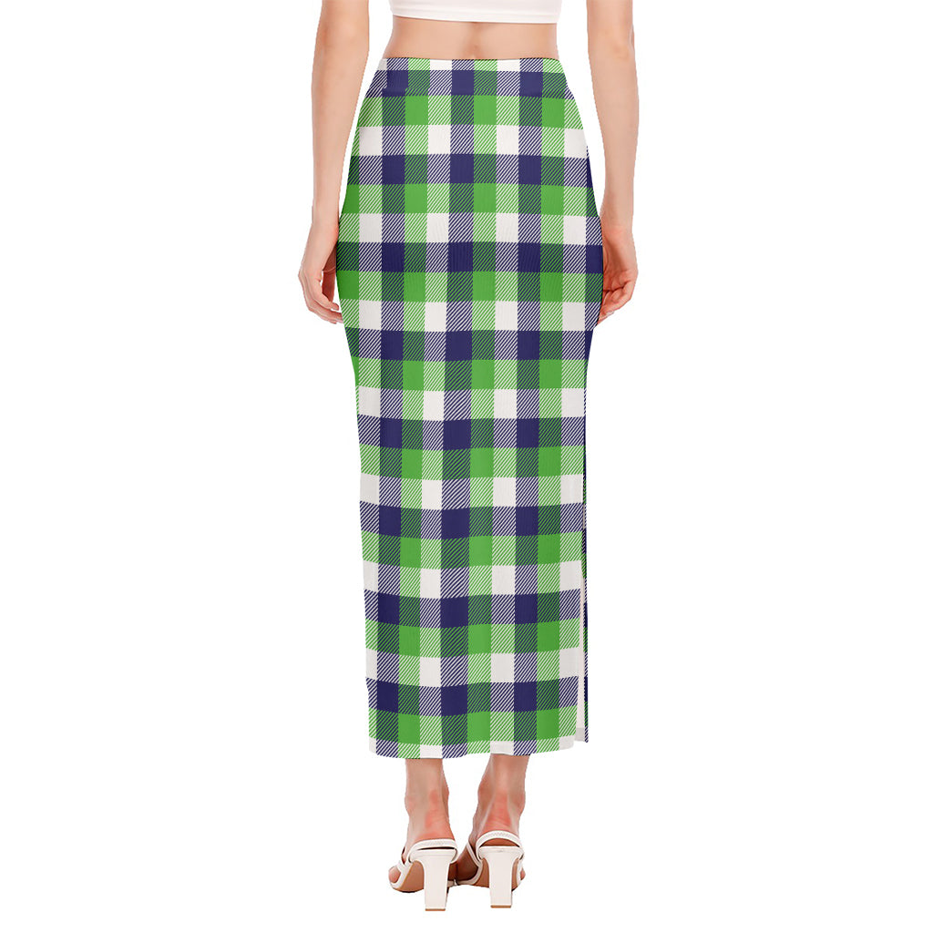 White Green And Blue Buffalo Plaid Print Side Slit Maxi Skirt