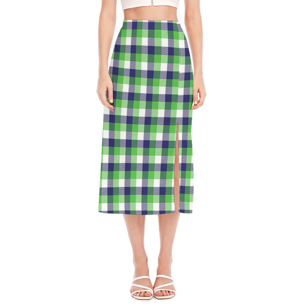 White Green And Blue Buffalo Plaid Print Side Slit Midi Skirt