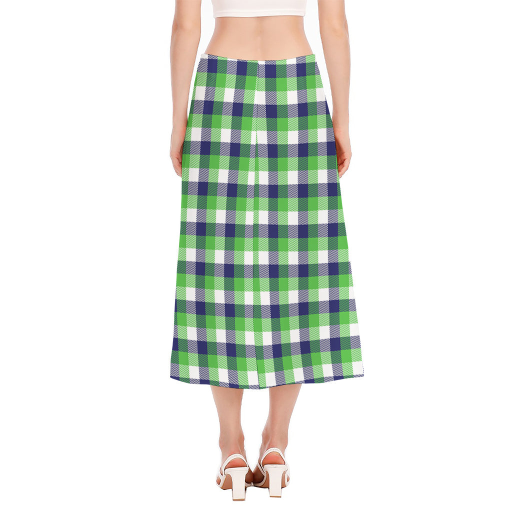White Green And Blue Buffalo Plaid Print Side Slit Midi Skirt