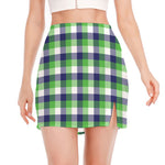 White Green And Blue Buffalo Plaid Print Side Slit Mini Skirt