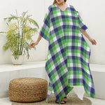 White Green And Blue Buffalo Plaid Print Silk V-Neck Kaftan Dress