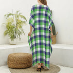White Green And Blue Buffalo Plaid Print Silk V-Neck Kaftan Dress