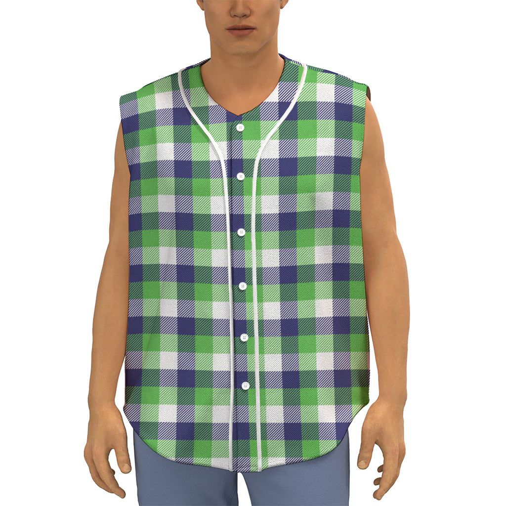 White Green And Blue Buffalo Plaid Print Sleeveless Baseball Jersey