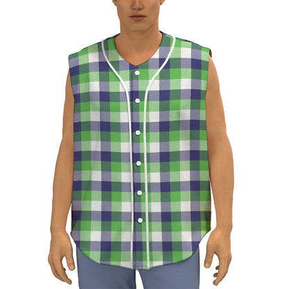 White Green And Blue Buffalo Plaid Print Sleeveless Baseball Jersey
