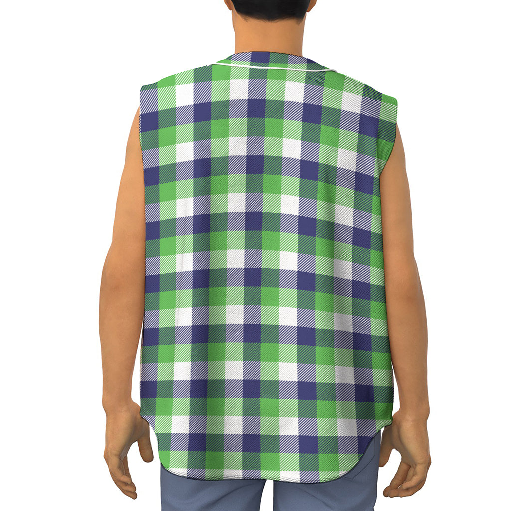 White Green And Blue Buffalo Plaid Print Sleeveless Baseball Jersey