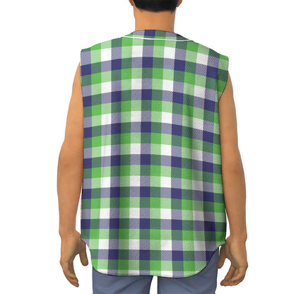 White Green And Blue Buffalo Plaid Print Sleeveless Baseball Jersey