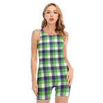 White Green And Blue Buffalo Plaid Print Sleeveless One Piece Swimsuit